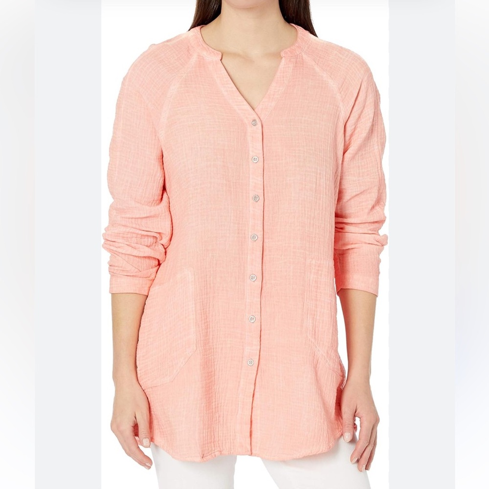 TRIBAL M peach pink front button up tunic length blouse/cardigan w front pockets
